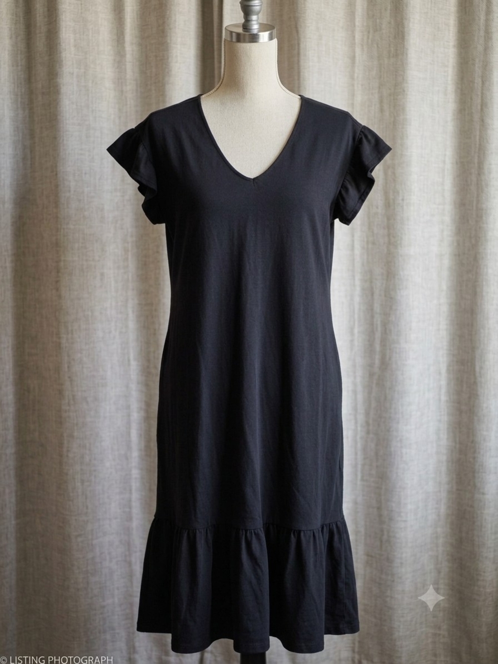 Black V-Neck Ruffle Hem Dress